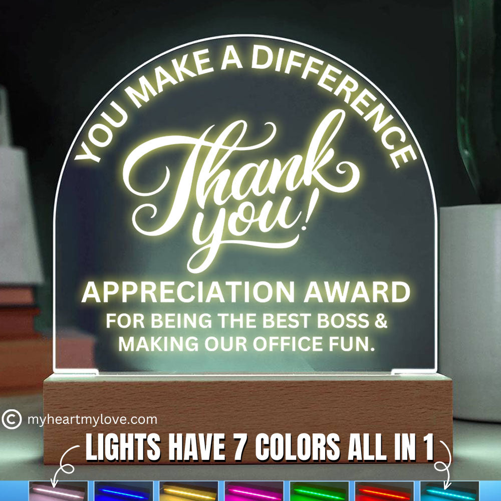 Best Boss Gift Appreciation Award Acrylic Plaque with LED Lighted  Dome (with 7 Color Settings all in 1)