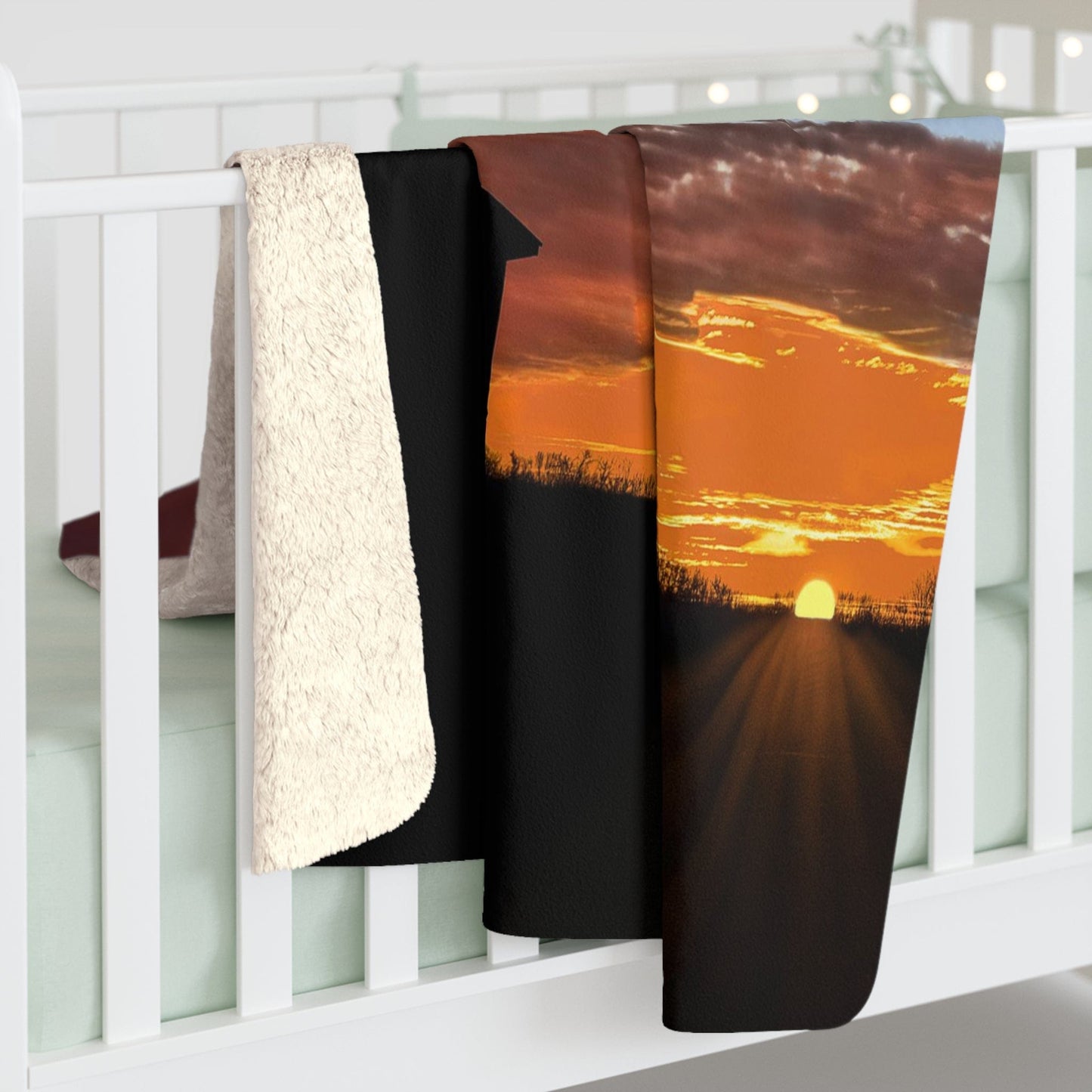 "Small Country Church Silhouette Against A Vibrant Sunset" Sherpa Fleece Blanket 50" X 60"