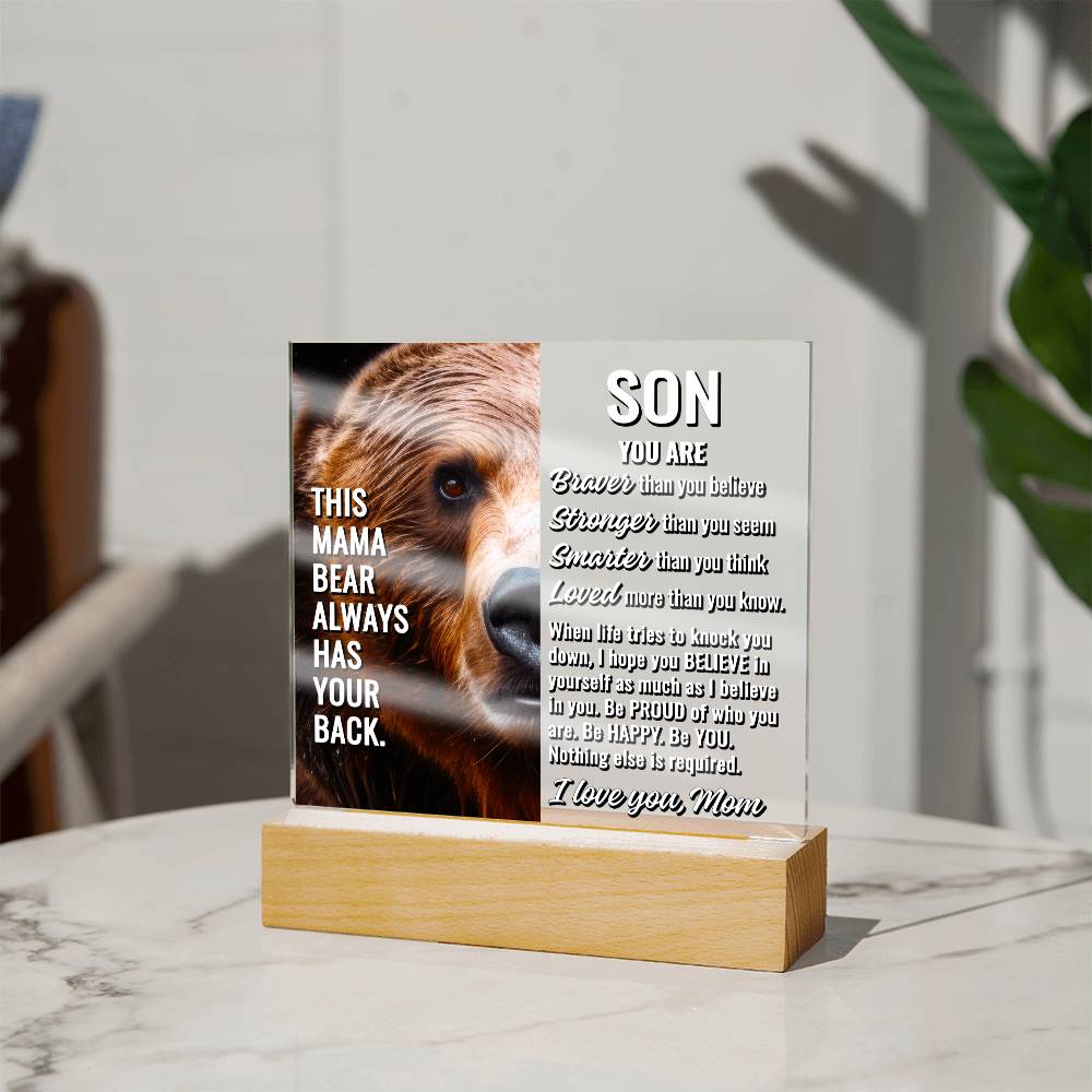 To Son From Mom "This mama bear..." Acrylic Plaque With Lighted Base