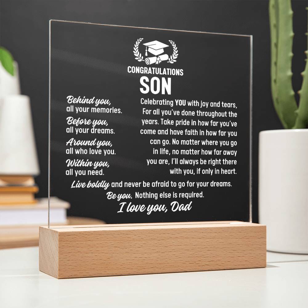 Son Graduation Gift From Dad, Acrylic Plaque With Lighted Base