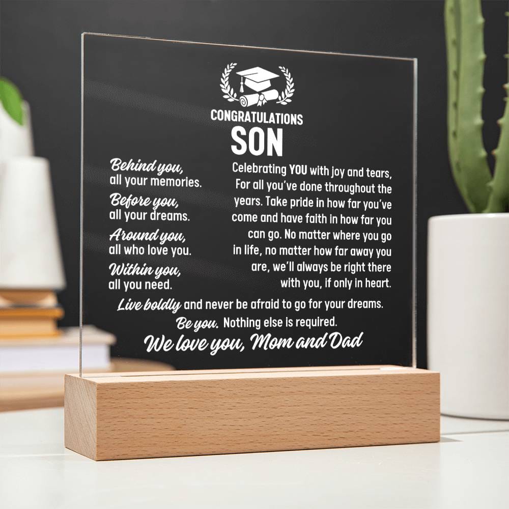 Son Graduation Gift From Mom and Dad, Acrylic Plaque With Lighted Base