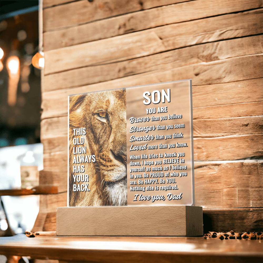 To Son From Dad "This old lion..." Acrylic Plaque With Lighted Base