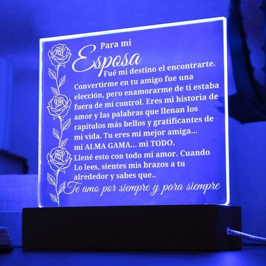A mi esposa "Conocerte fue el destino..." Placa acrílica con base iluminada