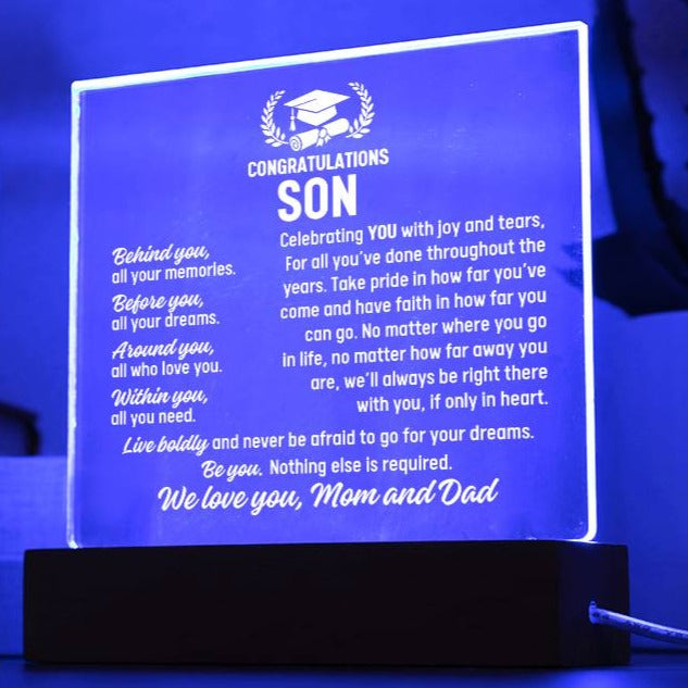 Son Graduation Gift From Mom and Dad, Acrylic Plaque With Lighted Base