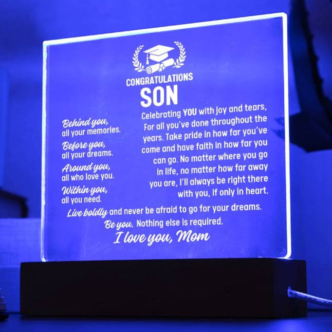 Son Graduation Gift From Mom, Acrylic Plaque With Lighted Base