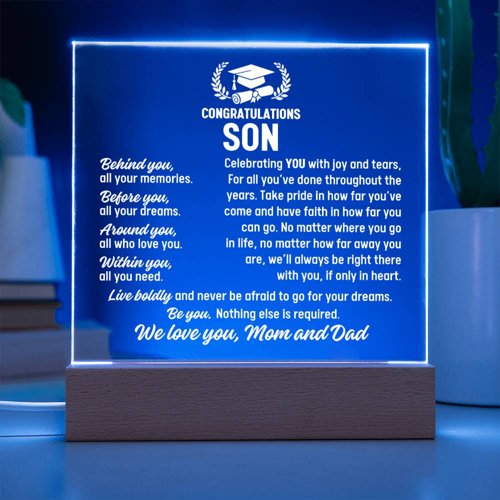 Son Graduation Gift From Mom and Dad, Acrylic Plaque With Lighted Base