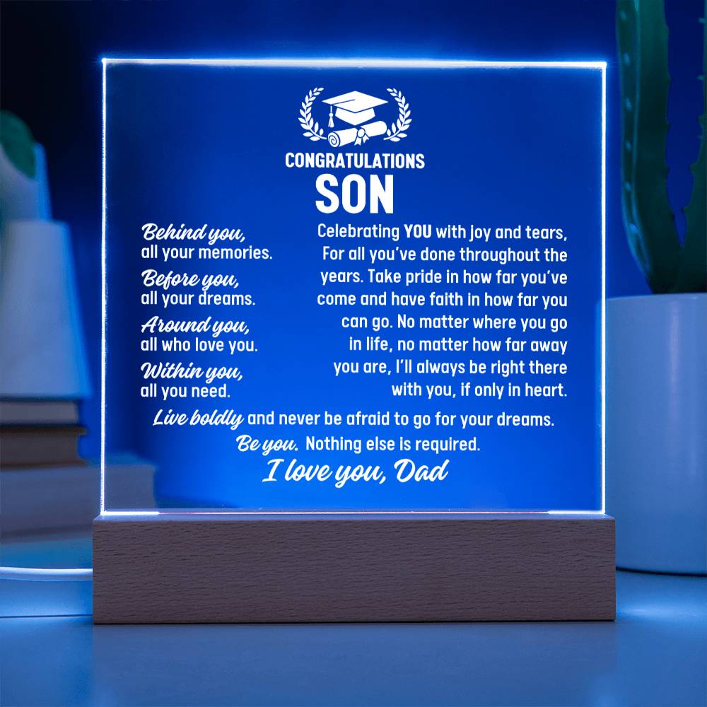 Son Graduation Gift From Dad, Acrylic Plaque With Lighted Base