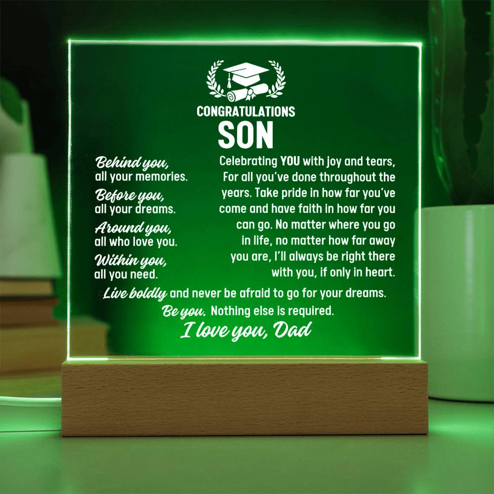 Son Graduation Gift From Dad, Acrylic Plaque With Lighted Base