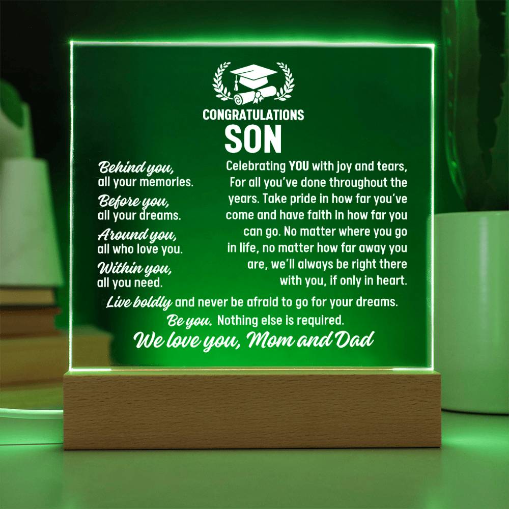 Son Graduation Gift From Mom and Dad, Acrylic Plaque With Lighted Base