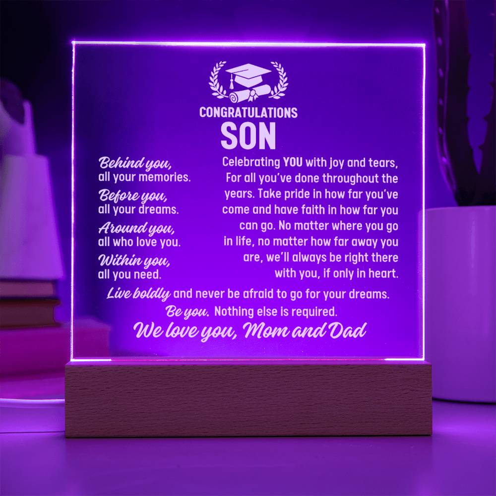 Son Graduation Gift From Mom and Dad, Acrylic Plaque With Lighted Base