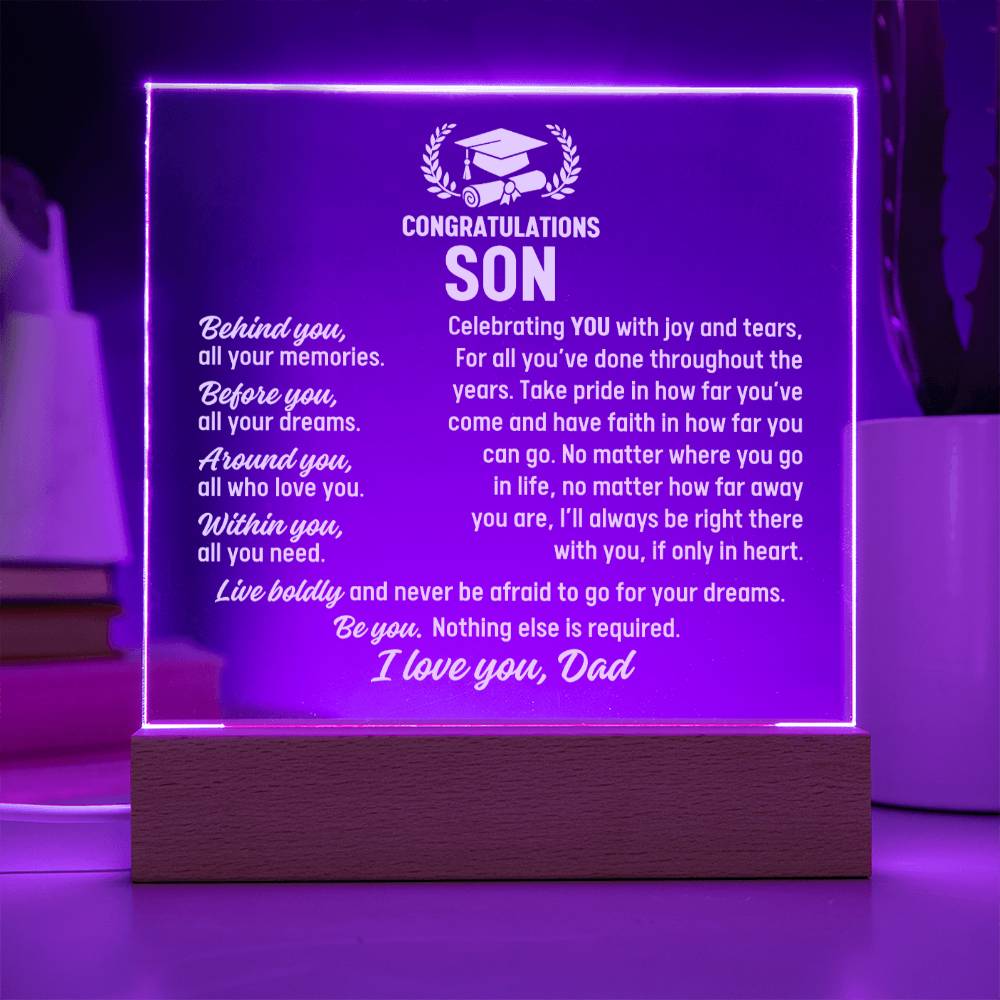 Son Graduation Gift From Dad, Acrylic Plaque With Lighted Base
