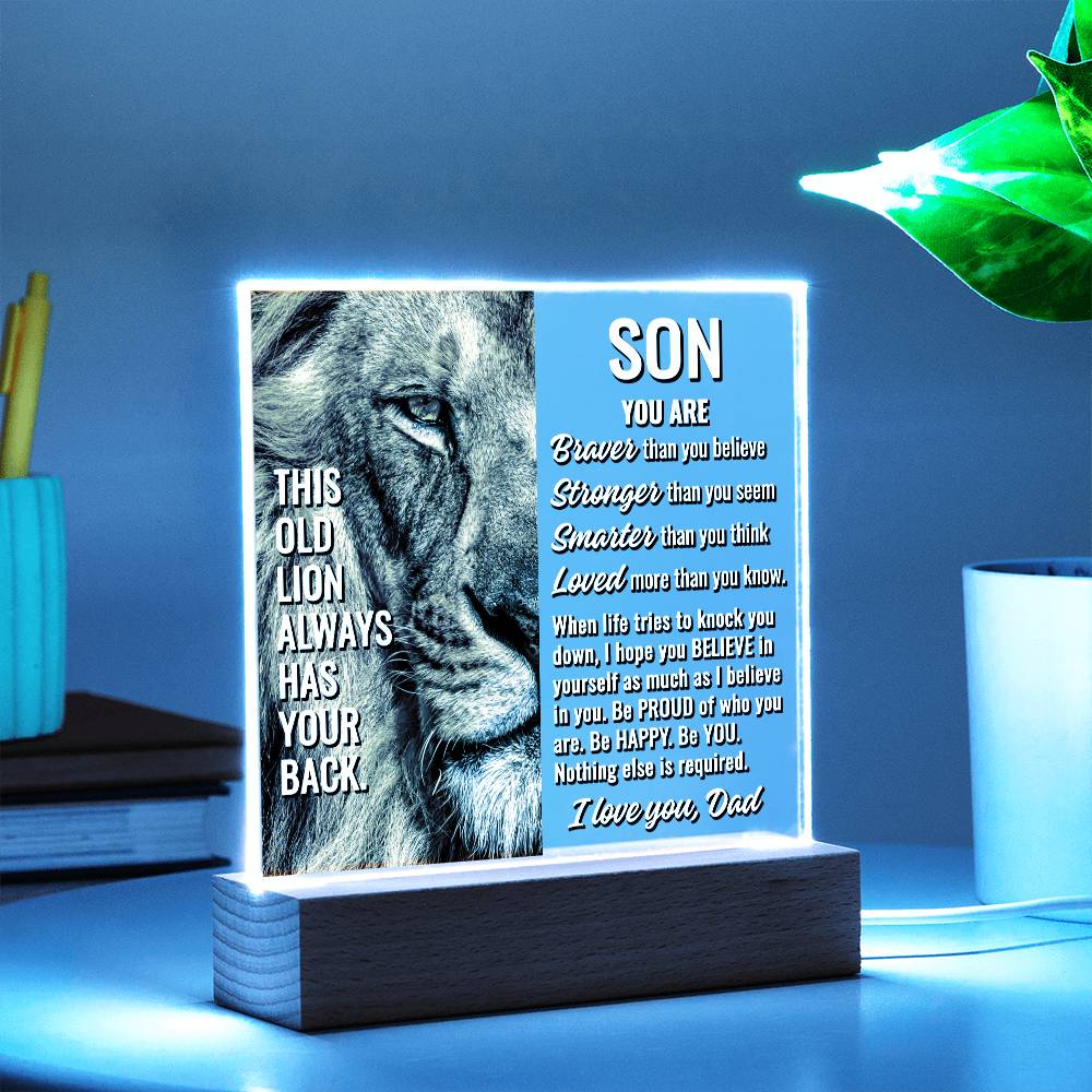 To Son From Dad "This old lion..." Acrylic Plaque With Lighted Base