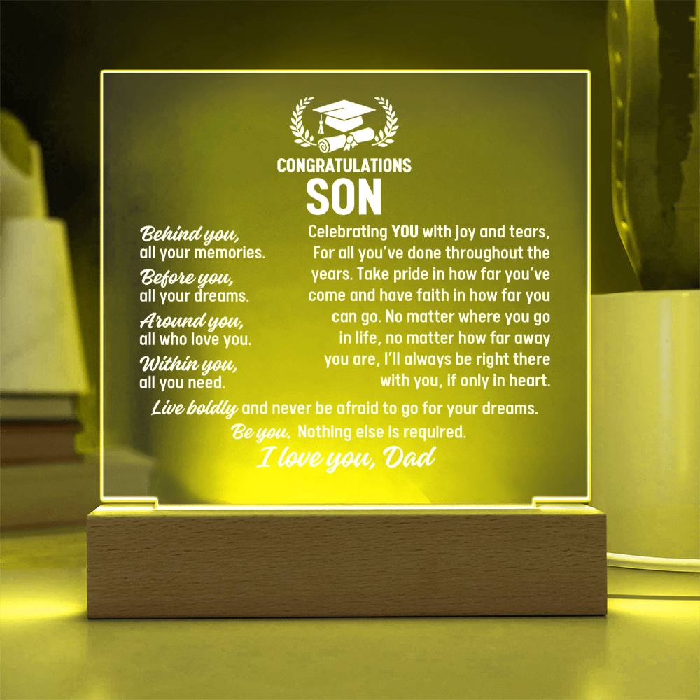 Son Graduation Gift From Dad, Acrylic Plaque With Lighted Base