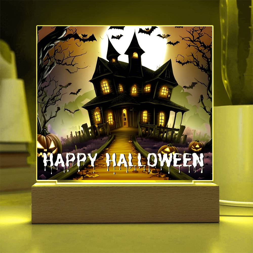 Haunted House Happy Halloween Acrylic With Lighted Base