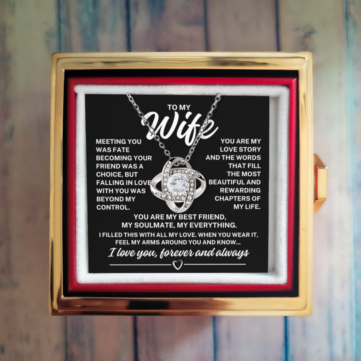 To My Wife "Meeting you was fate..." Love Knot Necklace in Rotating Rose Reveal Gift Box