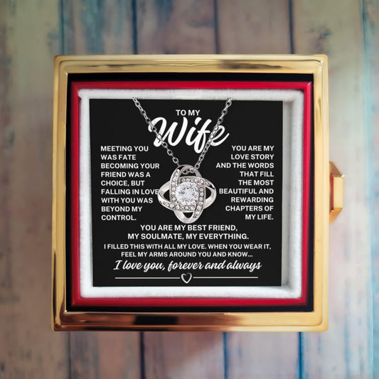 To My Wife "Meeting you was fate..." Love Knot Necklace in Rotating Rose Reveal Gift Box