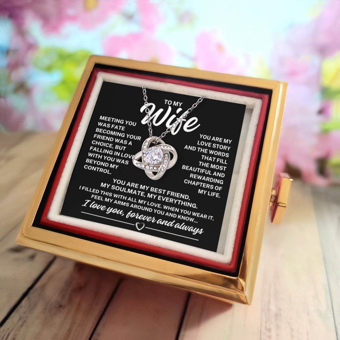 To My Wife "Meeting you was fate..." Love Knot Necklace in Rotating Rose Reveal Gift Box