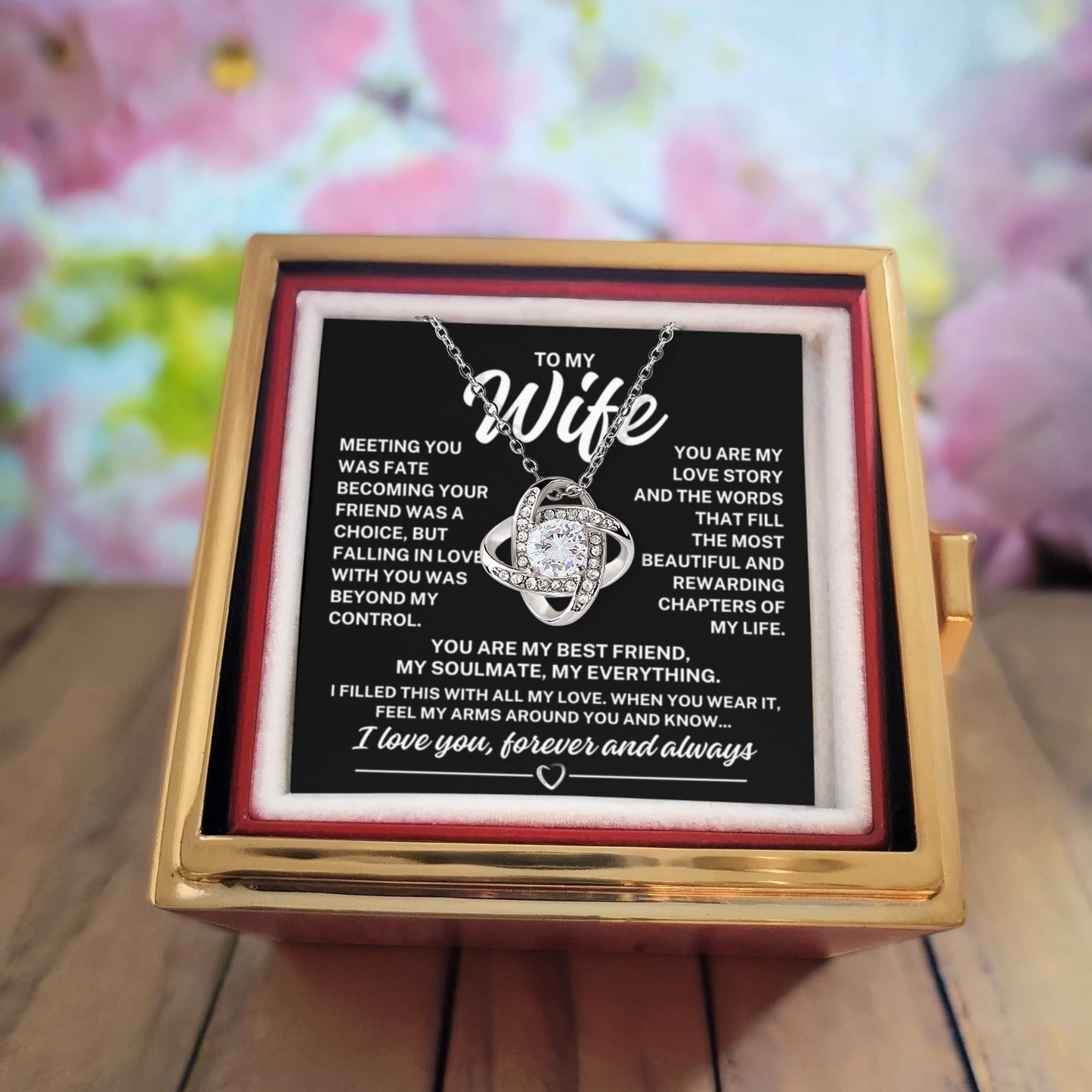 To My Wife "Meeting you was fate..." Love Knot Necklace in Rotating Rose Reveal Gift Box