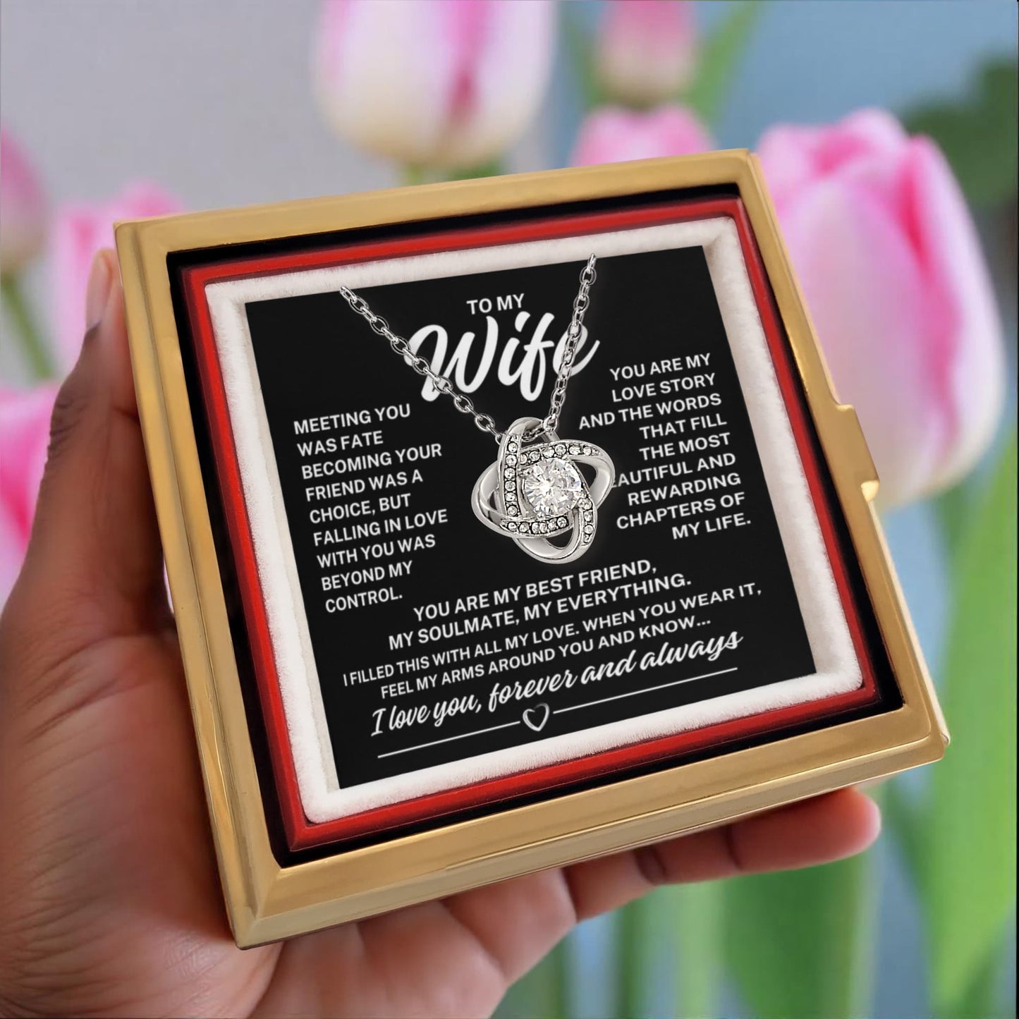 To My Wife "Meeting you was fate..." Love Knot Necklace in Rotating Rose Reveal Gift Box