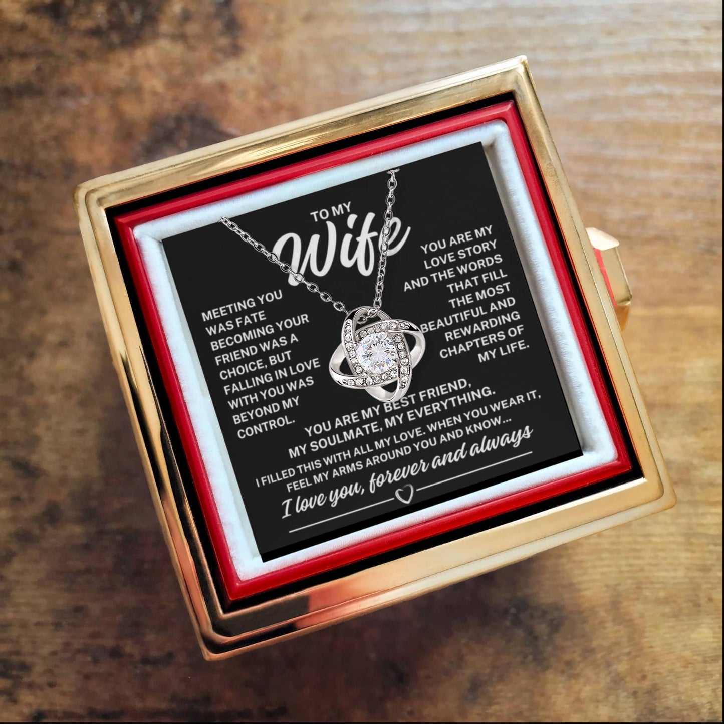 To My Wife "Meeting you was fate..." Love Knot Necklace in Rotating Rose Reveal Gift Box