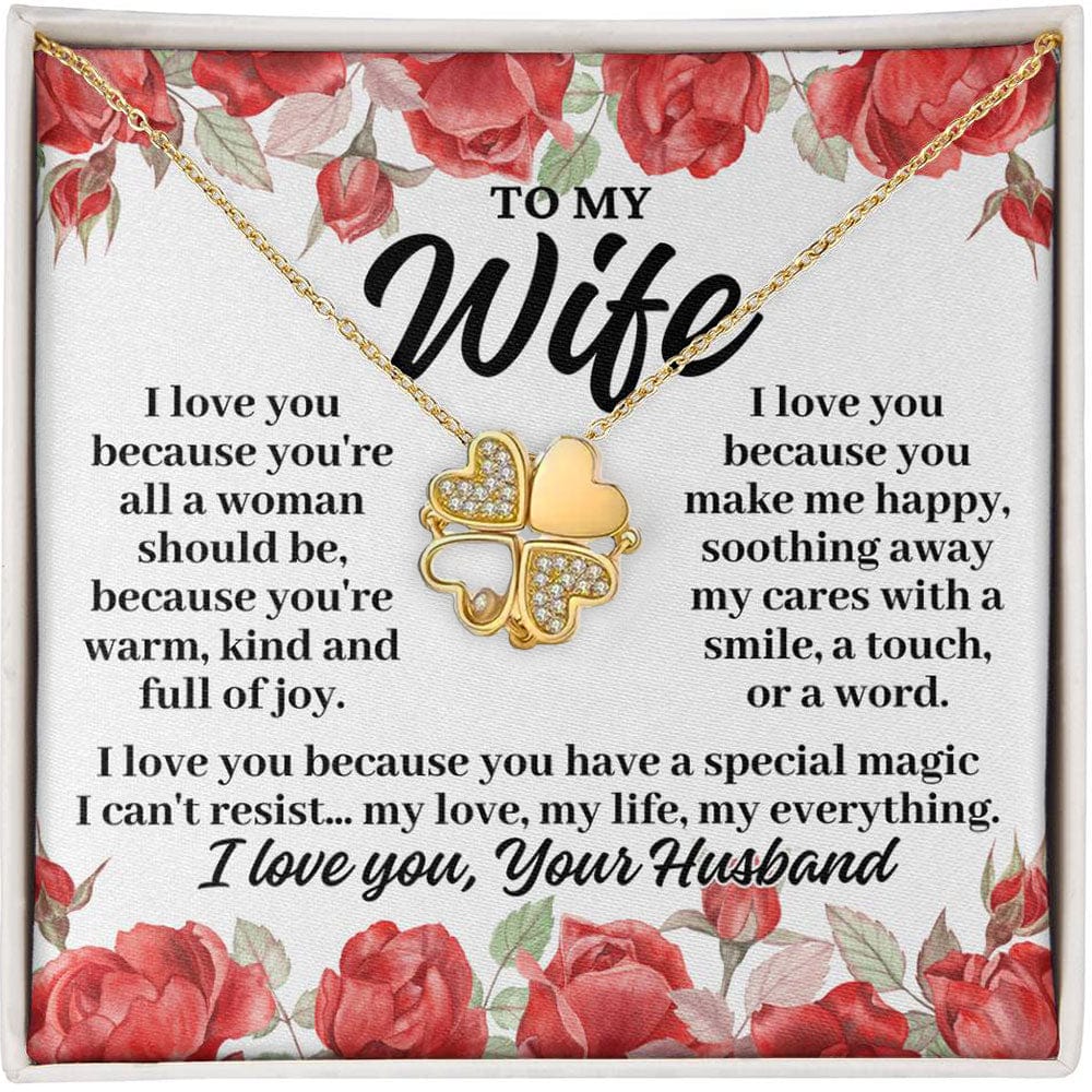 To My Wife "I Love You Because..." 4 Heart Zirconia Clover Necklace