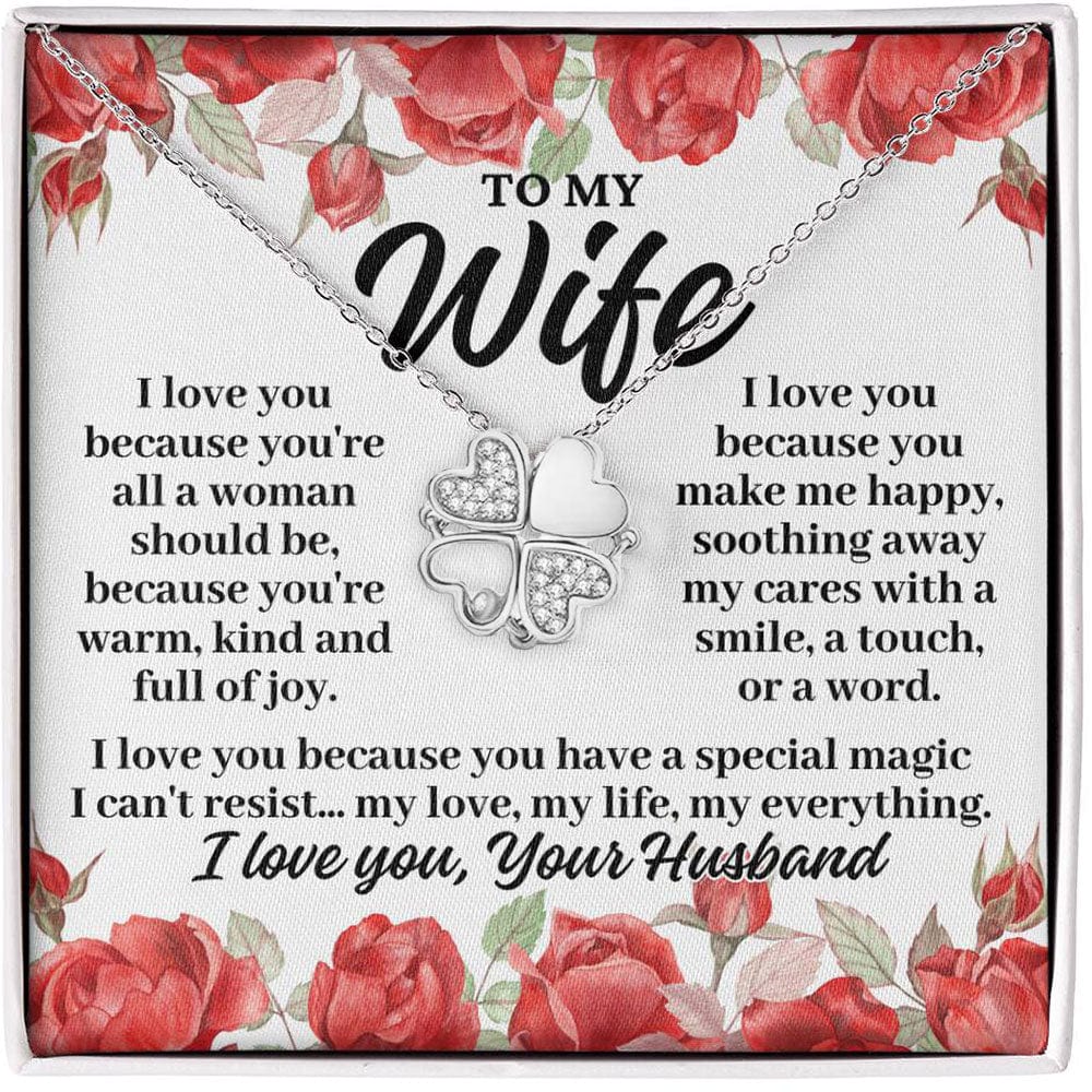 To My Wife "I Love You Because..." 4 Heart Zirconia Clover Necklace