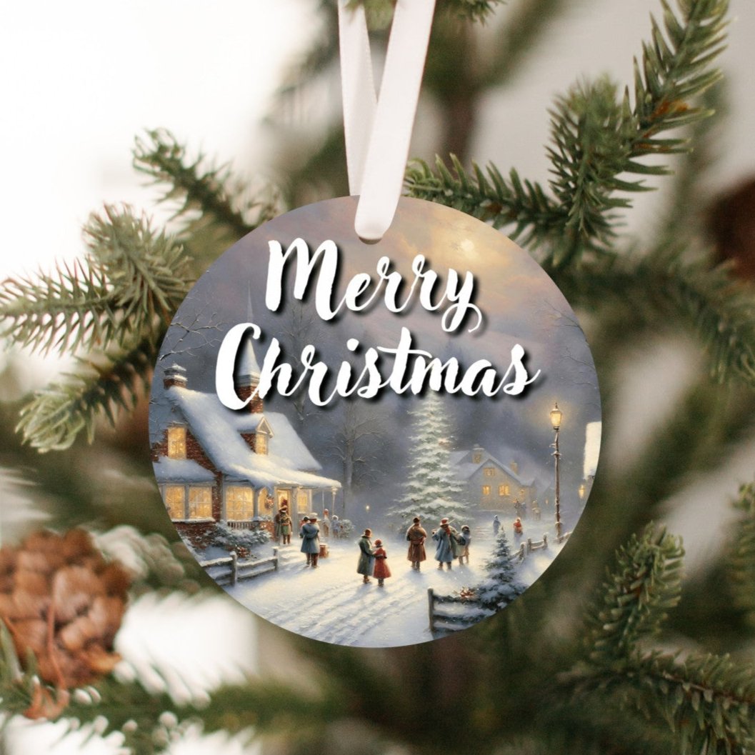 Exclusive Snowy Christmas Village Tree Ornament (Stocking stuffer, Friends Gift, Co-Worker Gift Bulk Savings)