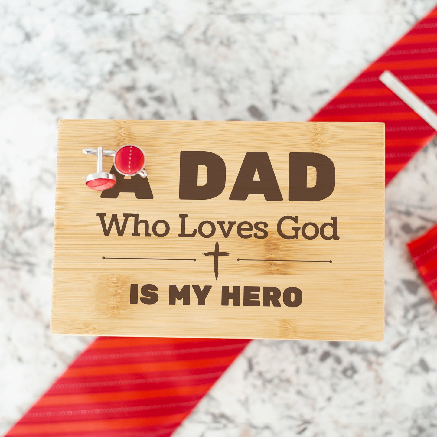 "A Dad Who Loves God is My Hero" Engraved Tie Gift Box: Includes Premium Tie, Tie Clip, and Matching Handkerchief