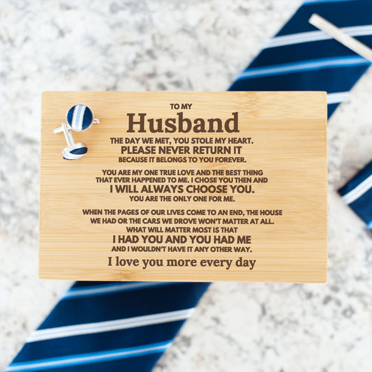 To My Husband "The Day We Met..." Engraved Tie Gift Box: Includes Premium Tie, Tie Clip, and Matching Handkerchief