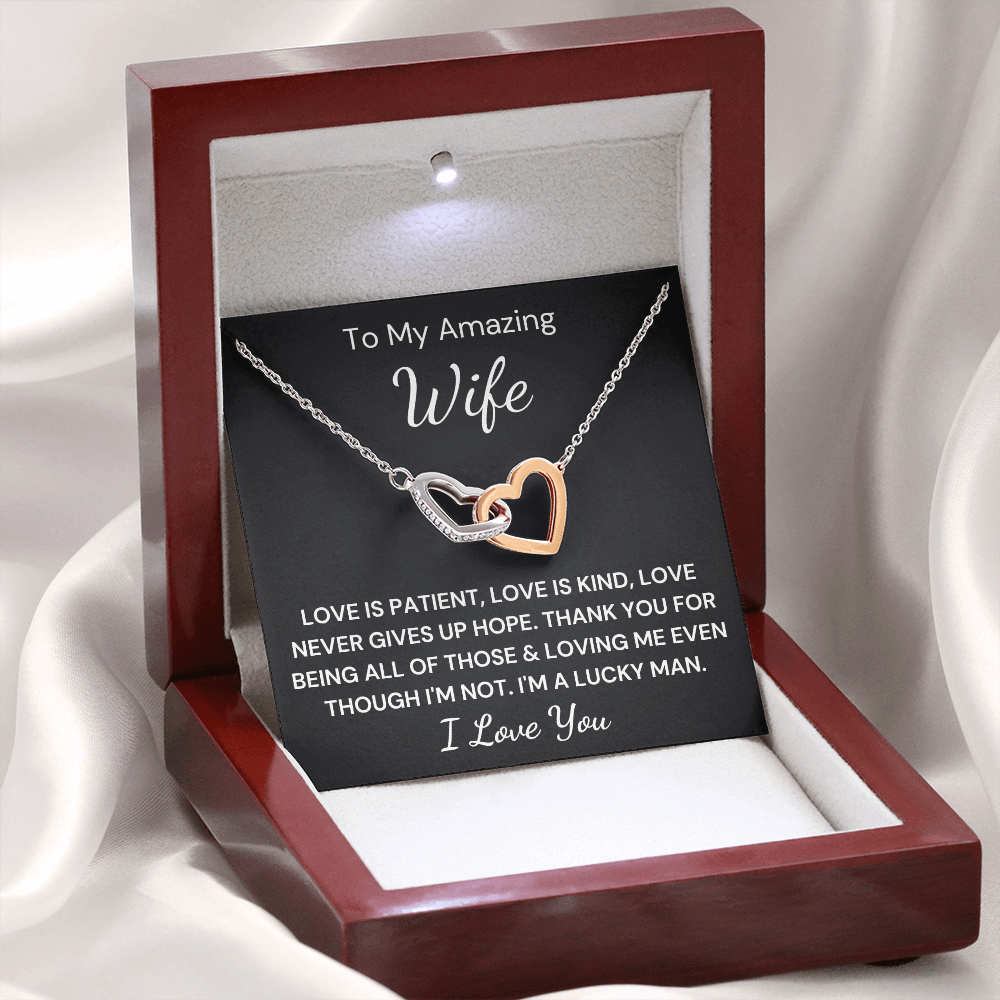 Gift to Amazing Wife -  Interlocking Hearts with Sparkling Cubic Zirconia Crystals with White Gold and Rose Gold over Stainless Steel