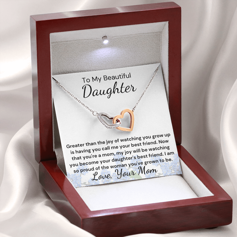 Gift to Daughter from Mom - Greater Blessing Interlocking Hearts with Sparkling Cubic Zirconia Crystals with White Gold and Rose Gold over Stainless Steel
