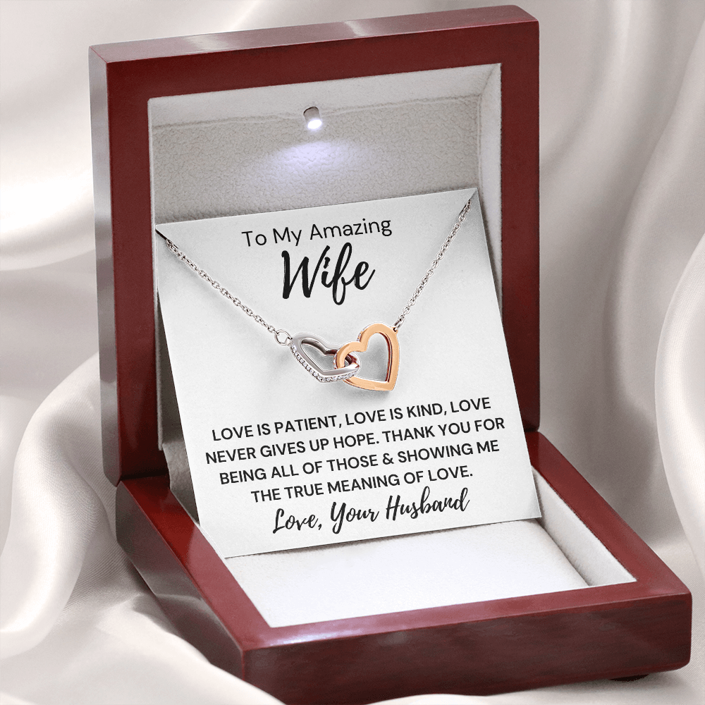 Gift to Wife... Love Is Kind -   Interlocking Hearts with Sparkling Cubic Zirconia Crystals with White Gold and Rose Gold over Stainless Steel