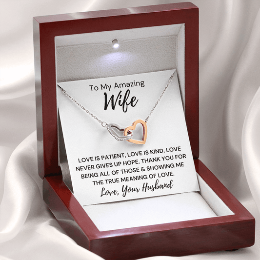 Gift to Wife... Love Is Kind -   Interlocking Hearts with Sparkling Cubic Zirconia Crystals with White Gold and Rose Gold over Stainless Steel
