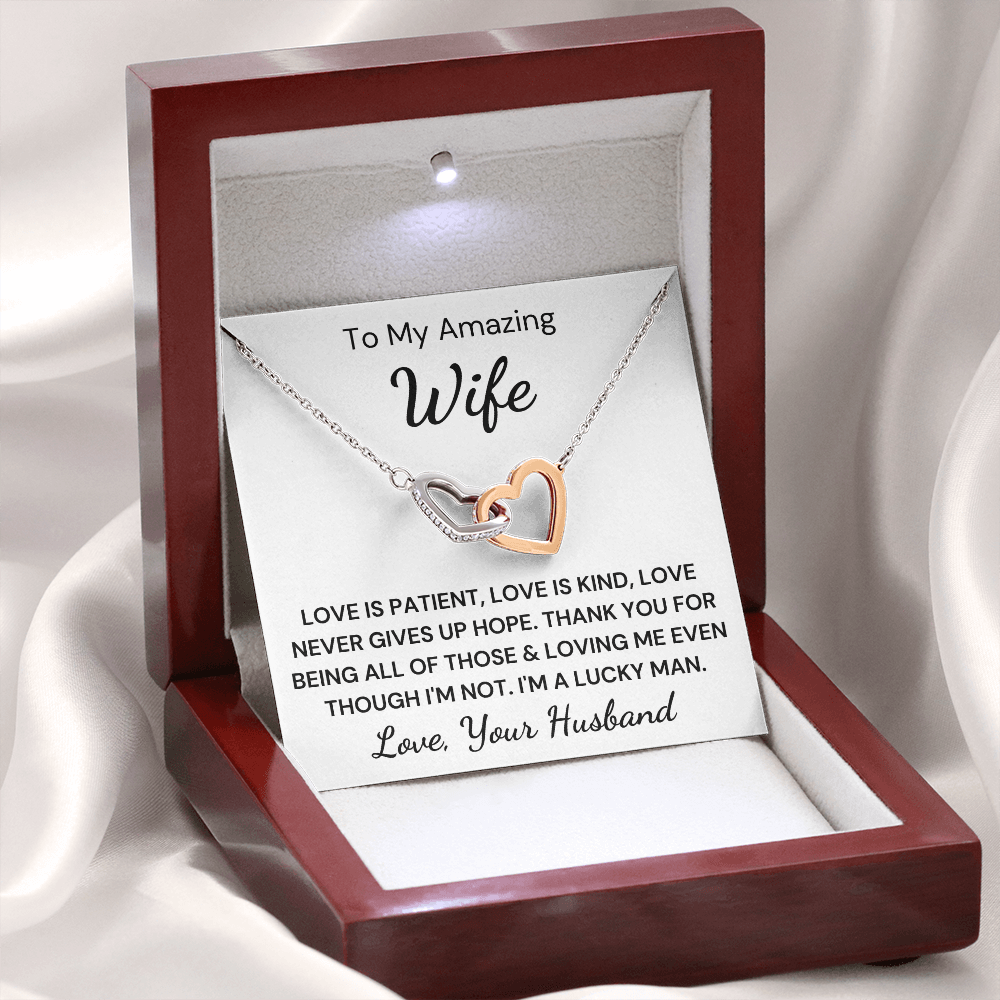 Gift to Amazing Wife - Interlocking Hearts with Sparkling Cubic Zirconia Crystals with White Gold and Rose Gold over Stainless Steel