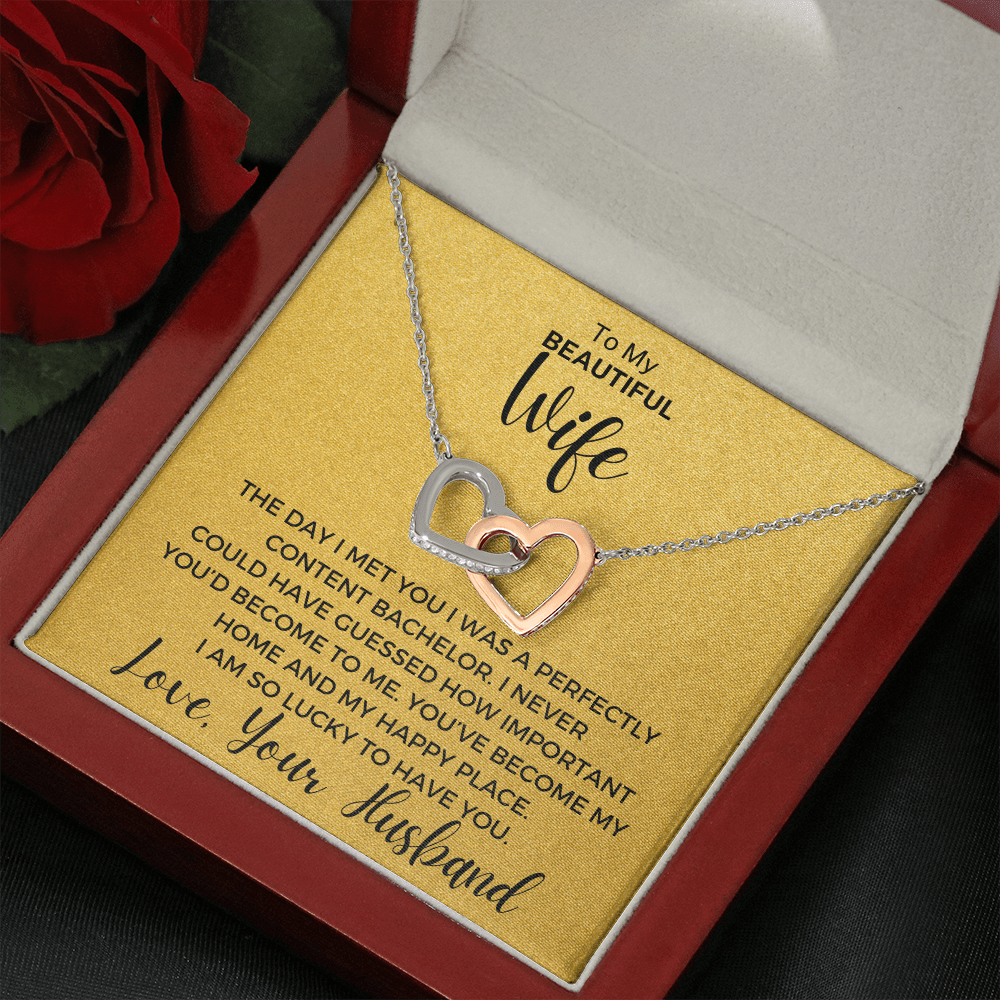 Gift to Beautiful Wife -  Interlocking Hearts with Sparkling Cubic Zirconia Crystals with White Gold and Rose Gold over Stainless Steel