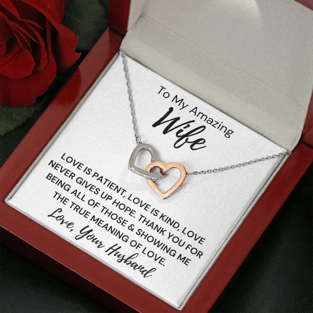 Gift to Wife... Love Is Kind -   Interlocking Hearts with Sparkling Cubic Zirconia Crystals with White Gold and Rose Gold over Stainless Steel