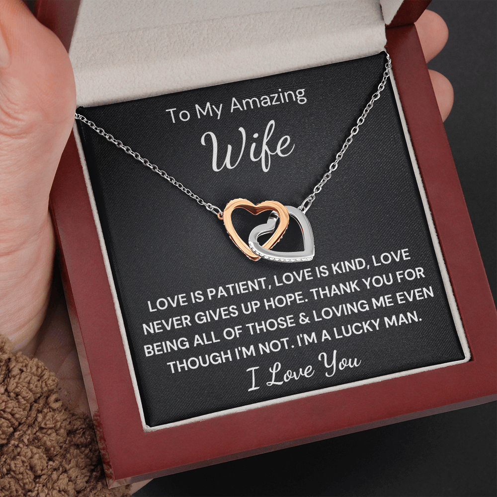 Gift to Amazing Wife -  Interlocking Hearts with Sparkling Cubic Zirconia Crystals with White Gold and Rose Gold over Stainless Steel