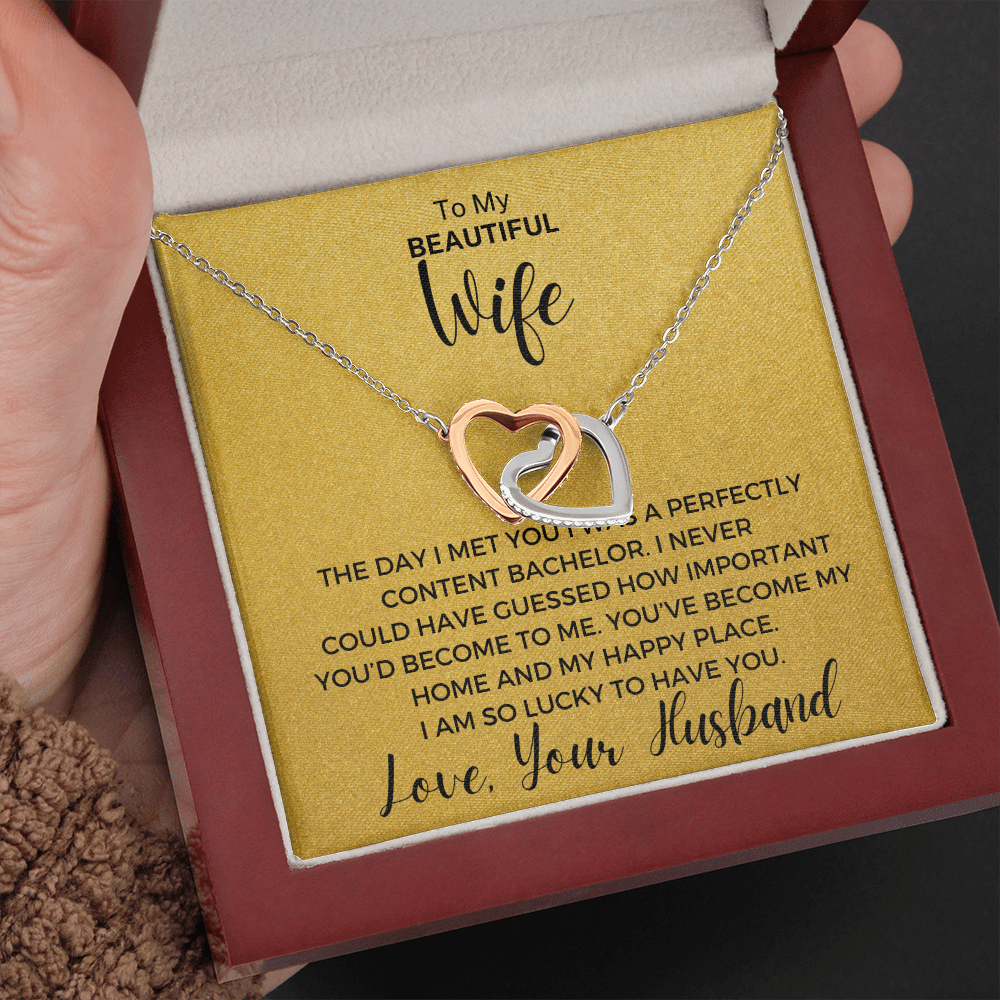 Gift to Beautiful Wife -  Interlocking Hearts with Sparkling Cubic Zirconia Crystals with White Gold and Rose Gold over Stainless Steel