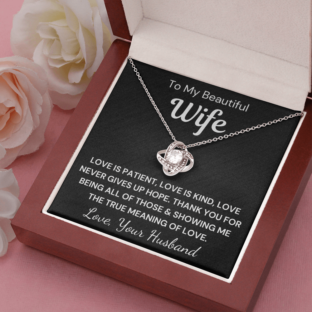 Gift to Wife - Love is Patient... Love Knot 14K White Gold Over Stainless Steel Necklace