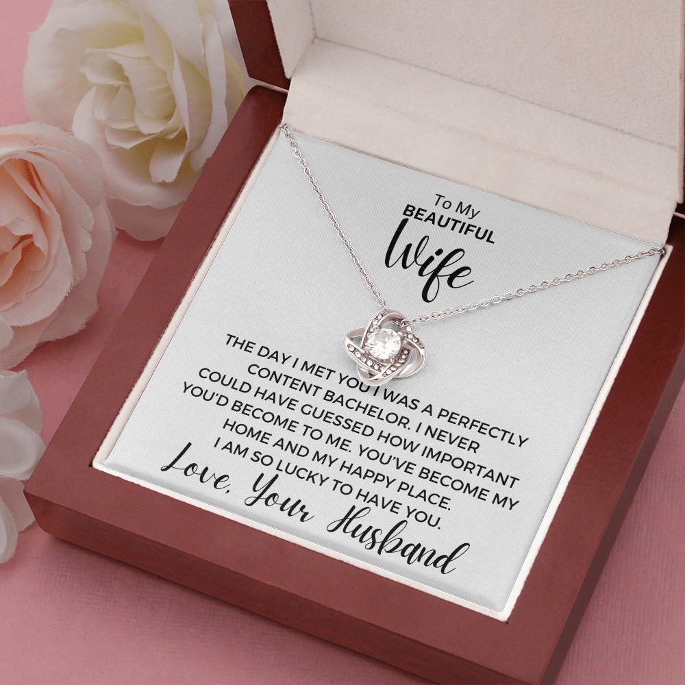 Gift to Wife - The Day I Met You... Love Knot 14K White Gold Over Stainless Steel Necklace