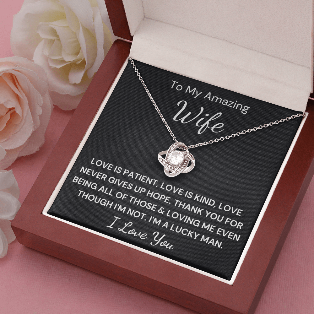 Gift to Wife - Love Never Gives Up... Love Knot 14K White Gold Over Stainless Steel Necklace