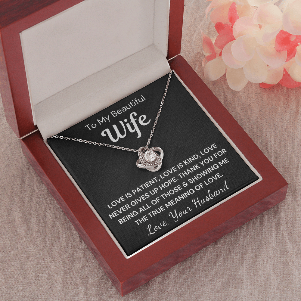 Gift to Wife - Love is Patient... Love Knot 14K White Gold Over Stainless Steel Necklace