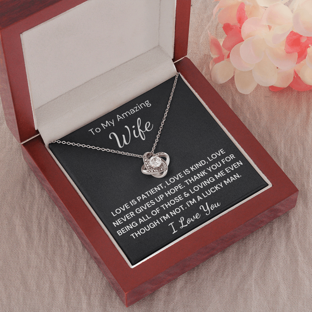 Gift to Wife - Love Never Gives Up... Love Knot 14K White Gold Over Stainless Steel Necklace