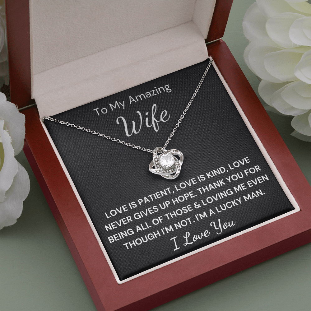 Gift to Wife - Love Never Gives Up... Love Knot 14K White Gold Over Stainless Steel Necklace