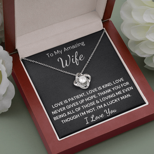 Gift to Wife - Love Never Gives Up... Love Knot 14K White Gold Over Stainless Steel Necklace