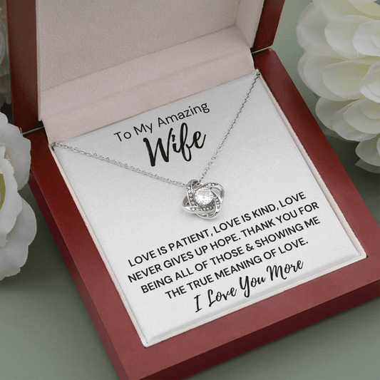 Gift to Wife - Love is Patient Love is Kind... Love Knot 14K White Gold Over Stainless Steel Necklace