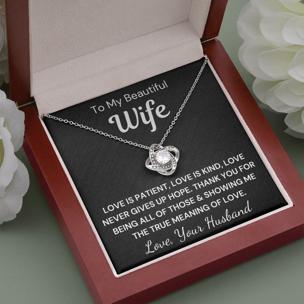 Gift to Wife - Love is Patient... Love Knot 14K White Gold Over Stainless Steel Necklace