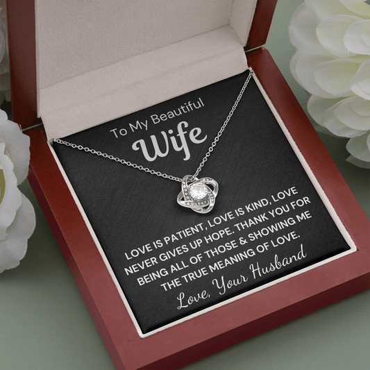 Gift to Wife - Love is Patient... Love Knot 14K White Gold Over Stainless Steel Necklace