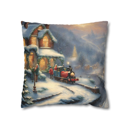 Snowy Christmas Village Train Spun Polyester Square Pillowcase (Cover Only)