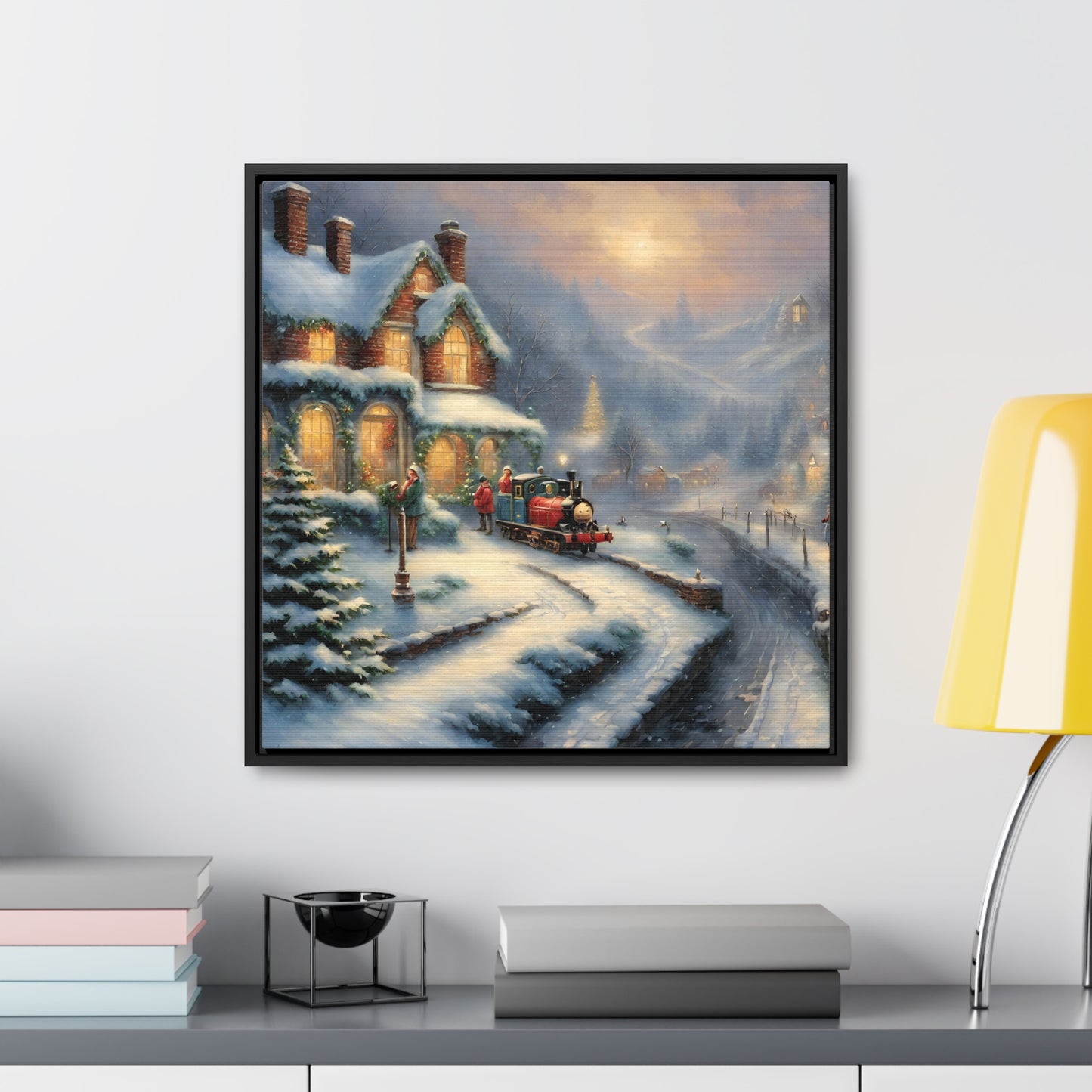 Snowy Christmas Village Train Gallery Canvas Wraps, Black Frame